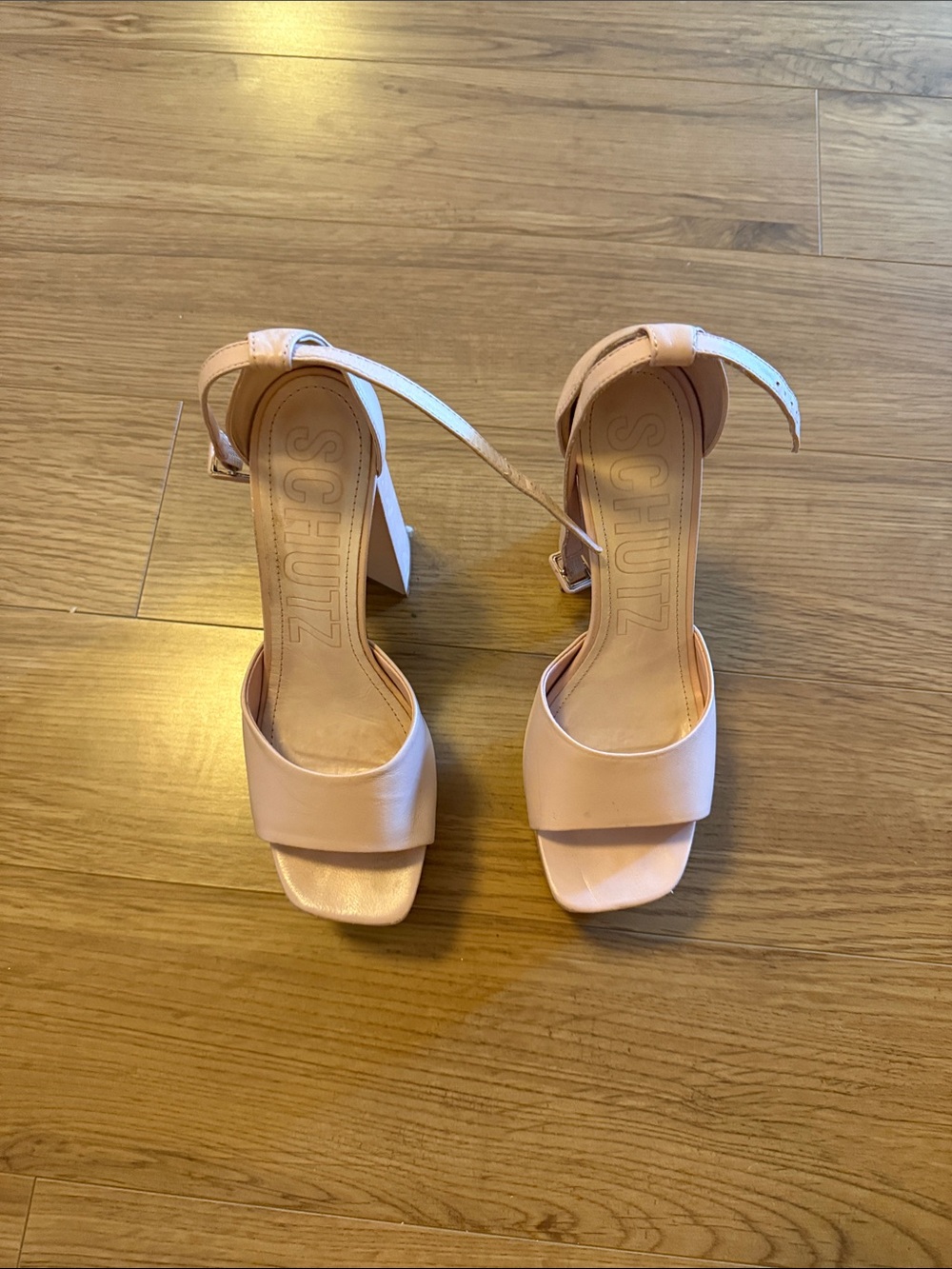 SCHUTZ Tan Ankle-Strap Block Heel Sandals